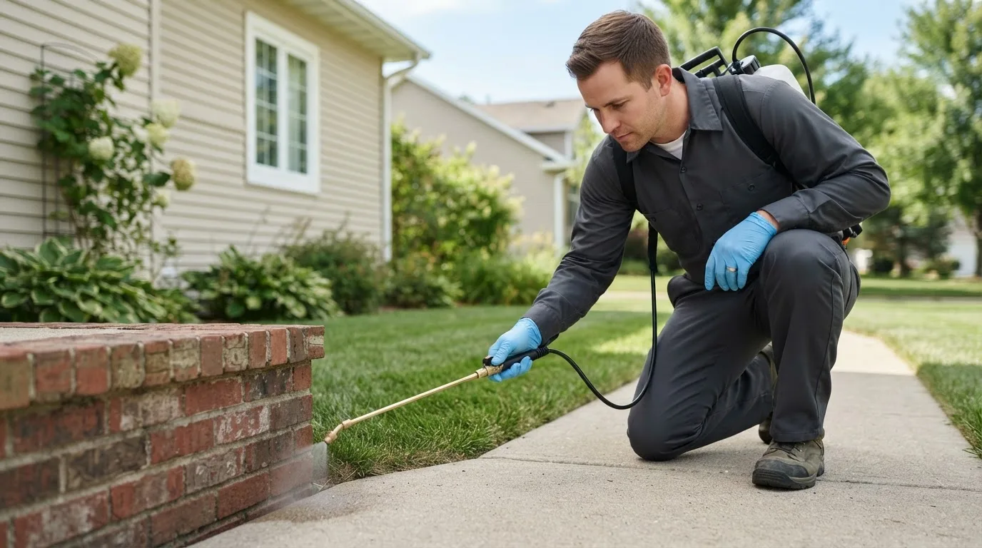 Pest control technician treating a home near Baker, FL