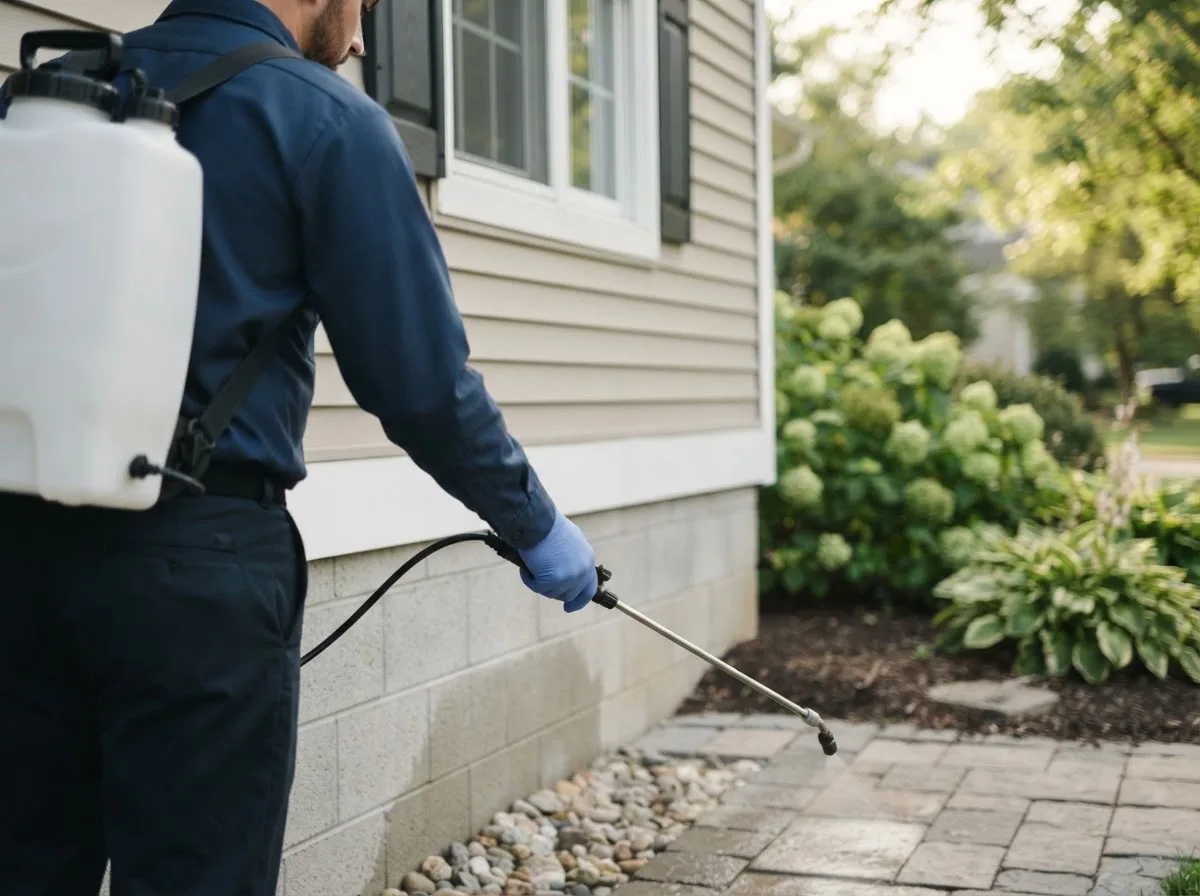 Pest control technician inspecting a home in Baker, FL